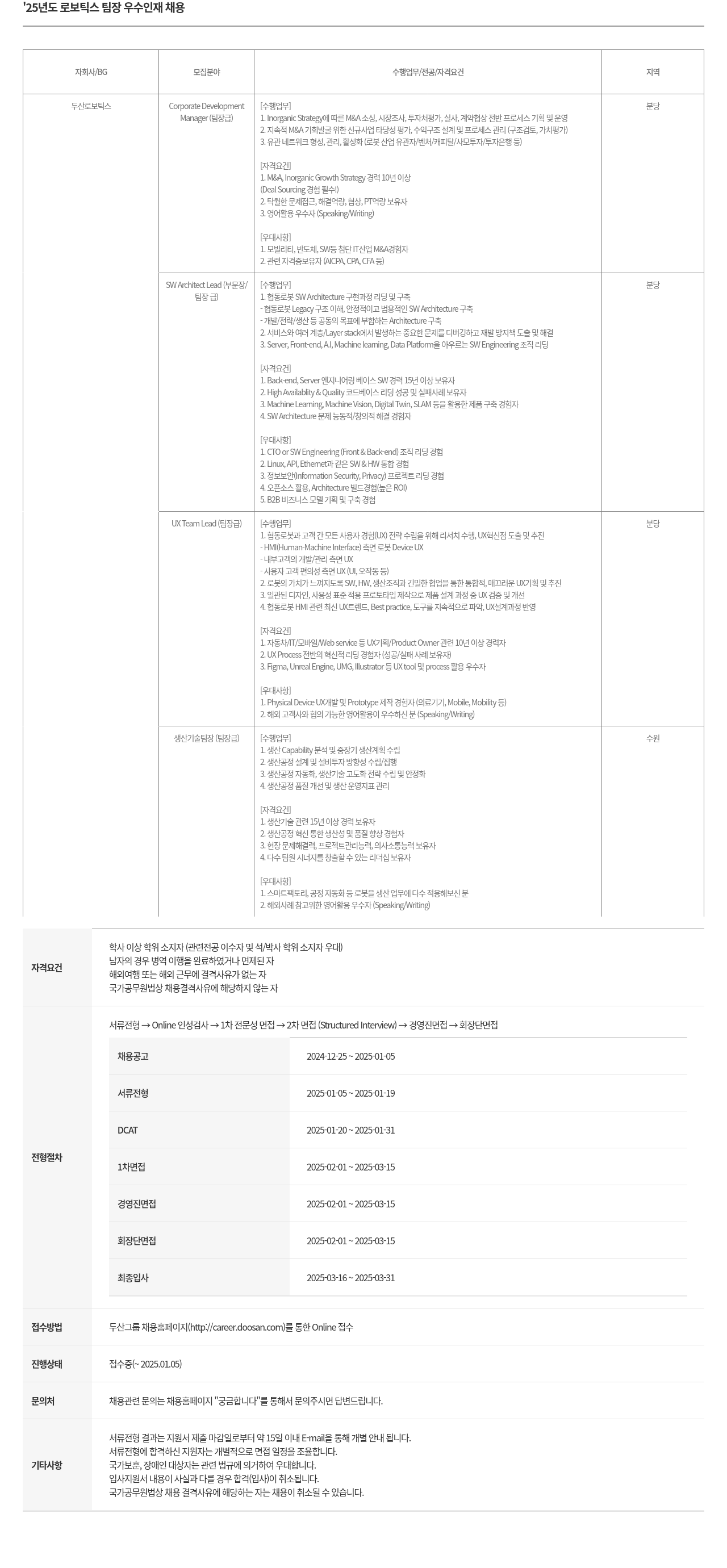 두산로보틱스 '25년도 로보틱스 팀장 우수 인재 채용 채용공고