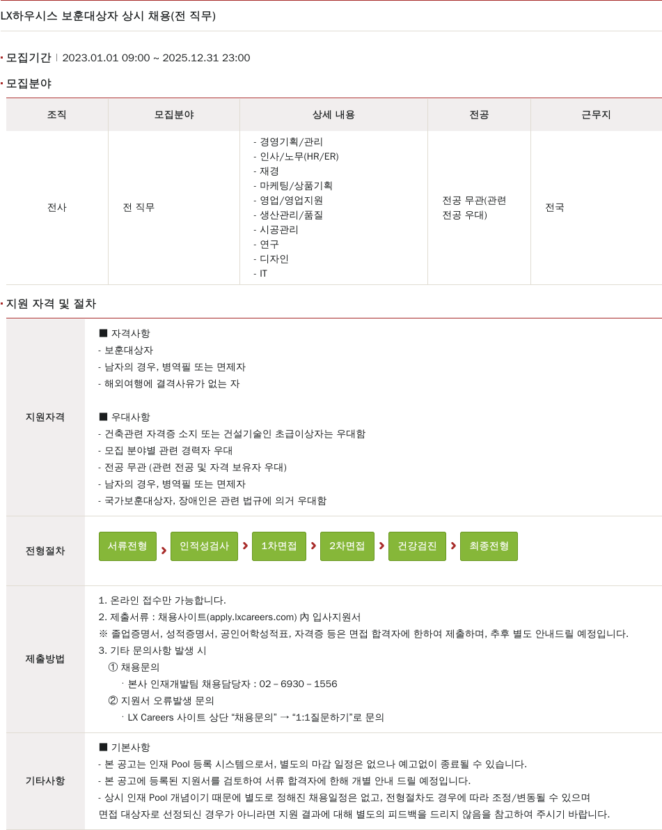 LX하우시스 보훈 대상자 상시 채용 (전 직무) 채용공고