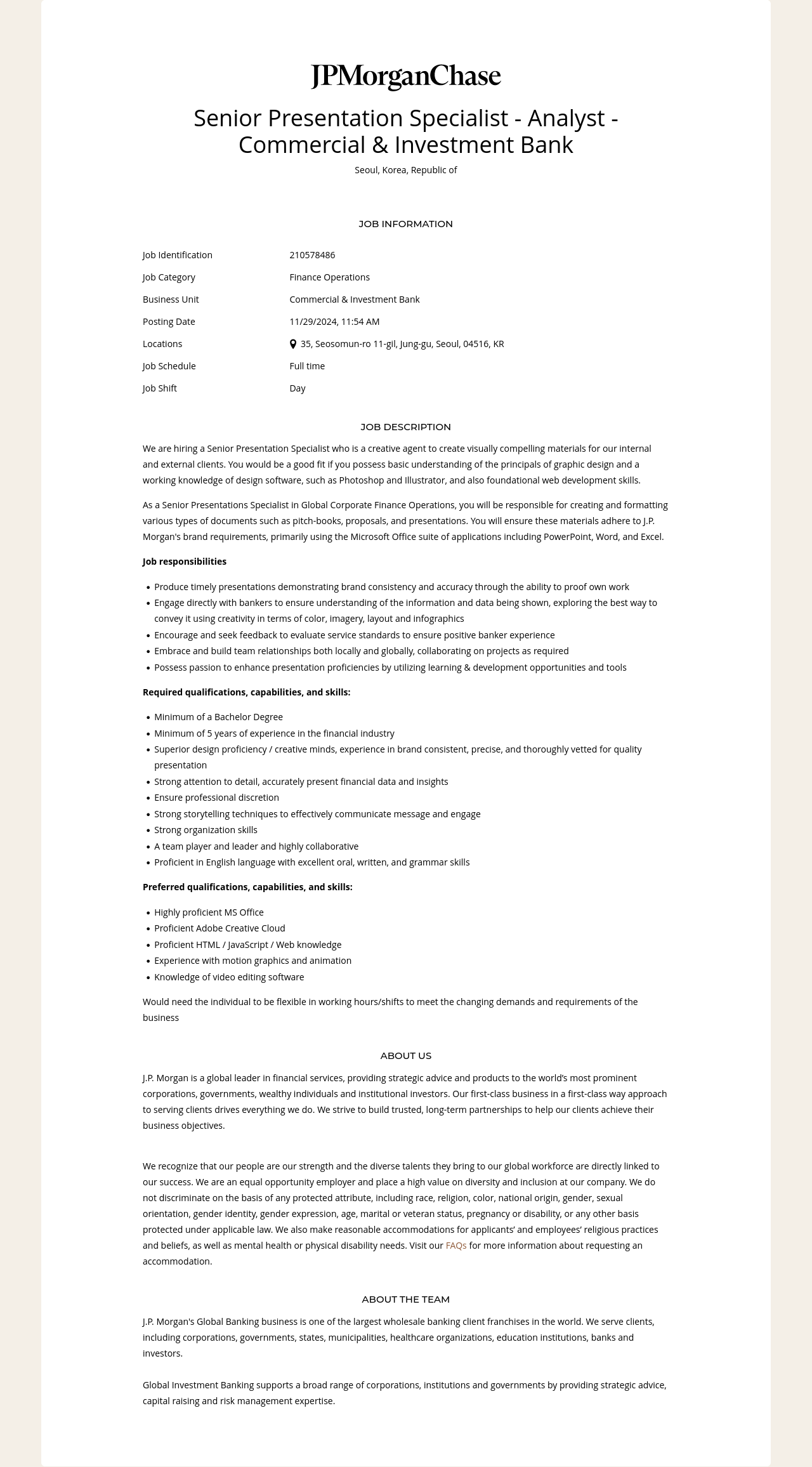 JPMorganChase Senior Presentation Specialist - Analyst - Commercial & Investment Bank 채용공고