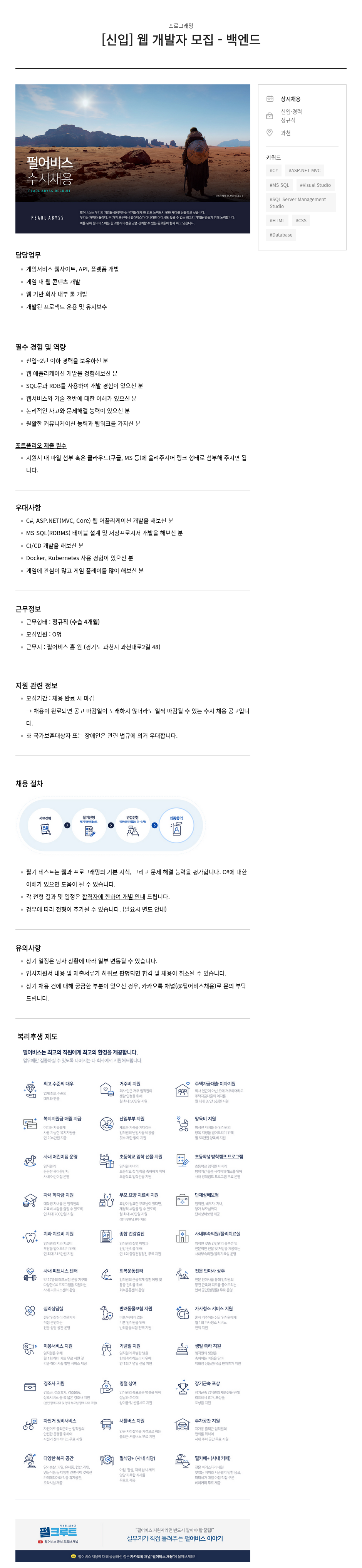 펄어비스 [신입] 웹 개발자 모집 - 백엔드 채용공고
