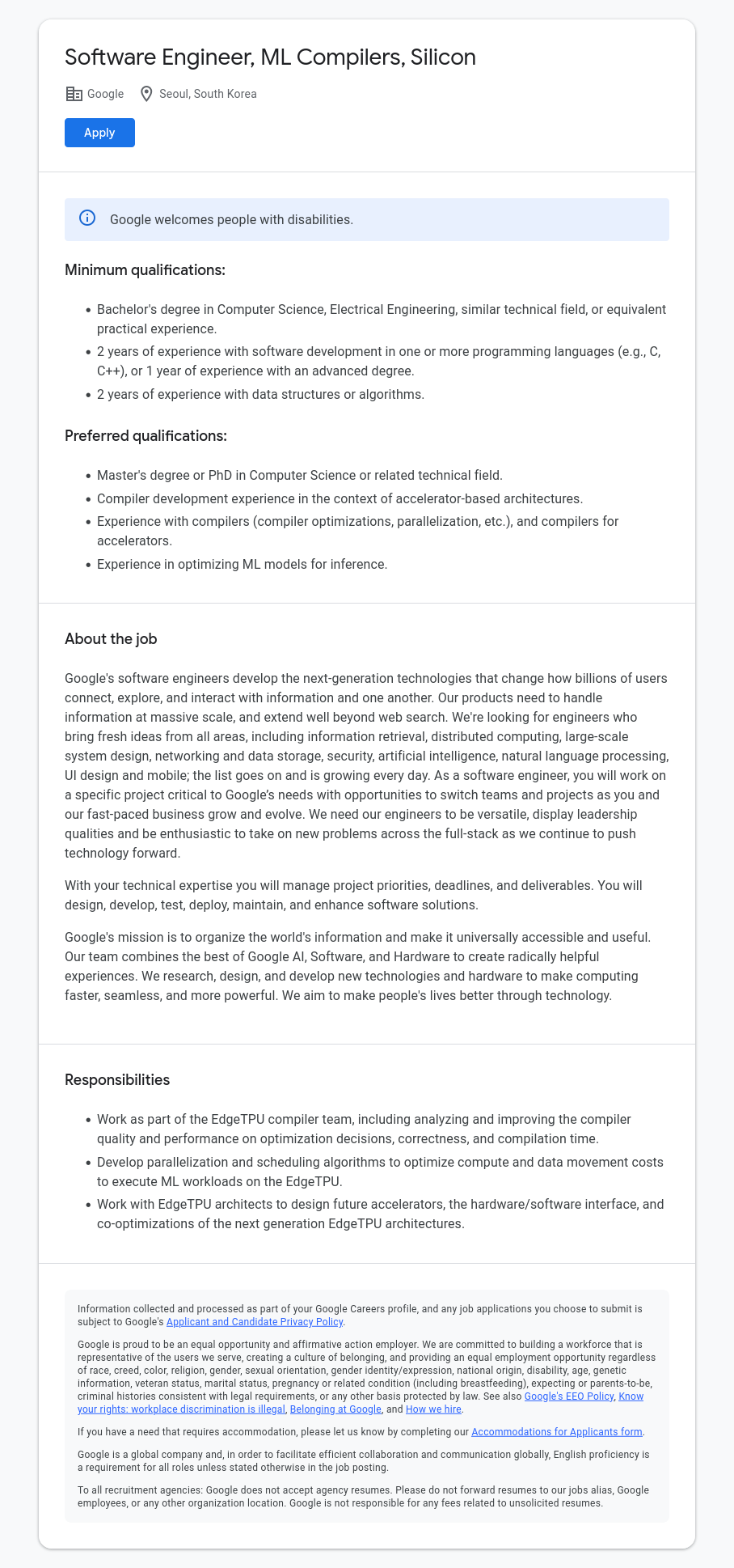 구글(Google) Software Engineer, ML Compilers, Silicon 채용공고