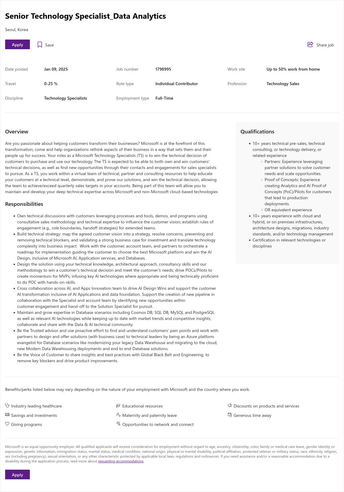 마이크로소프트(Microsoft) Senior Technology Specialist_Data Analytics 채용공고