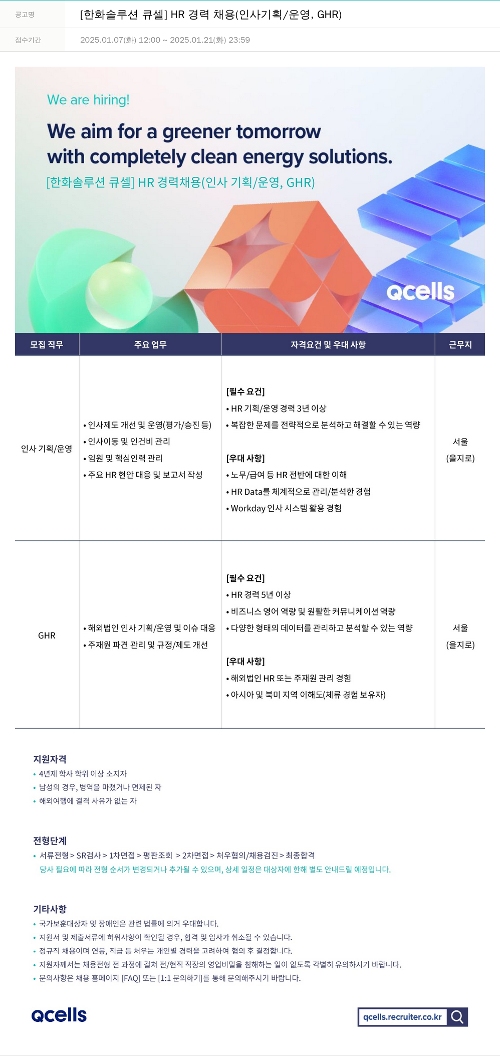 한화큐셀 [한화솔루션 큐셀] HR 경력 채용 (인사 기획/운영, GHR) 채용공고