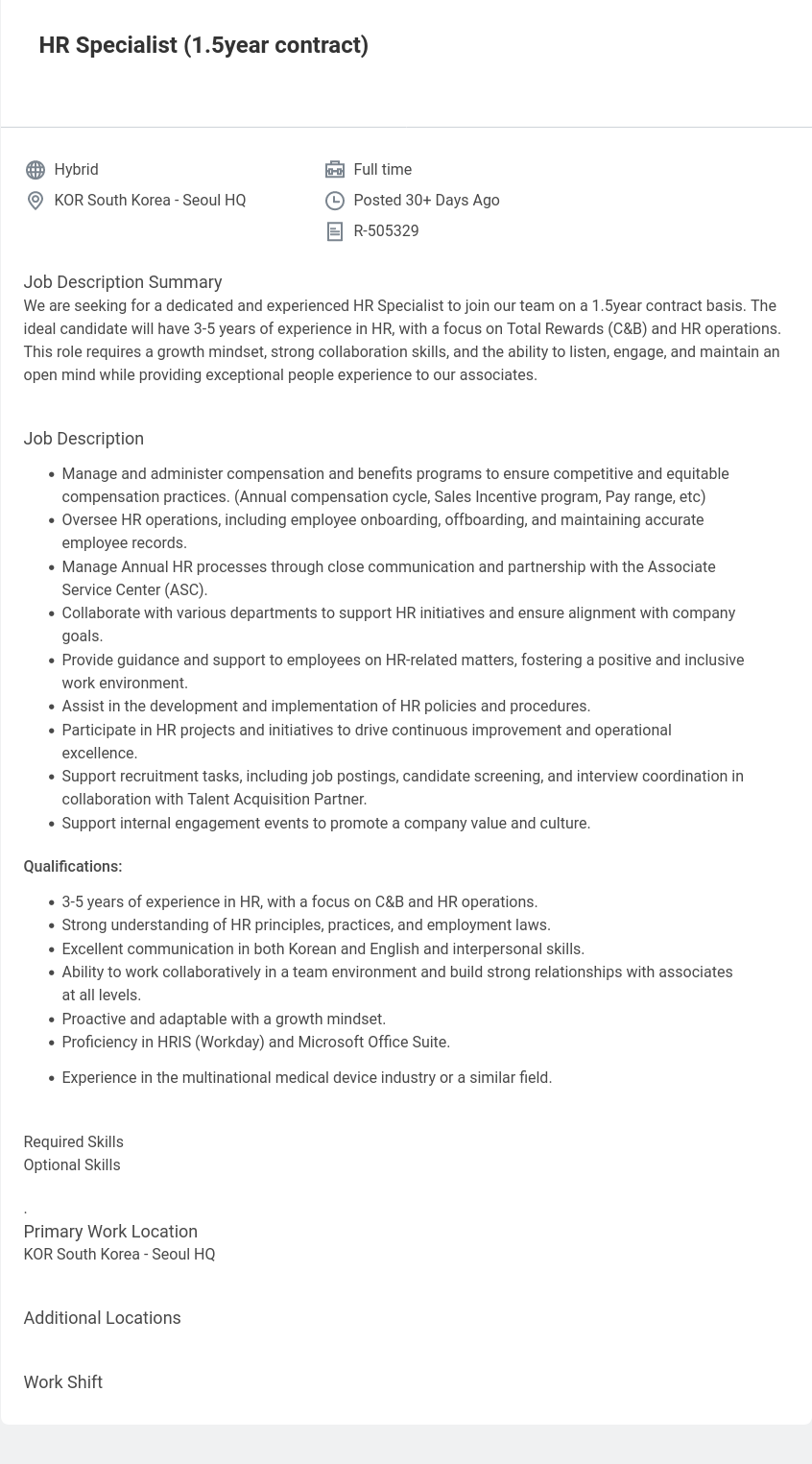 벡톤디킨슨코리아 HR Specialist (1.5year contract) 채용공고