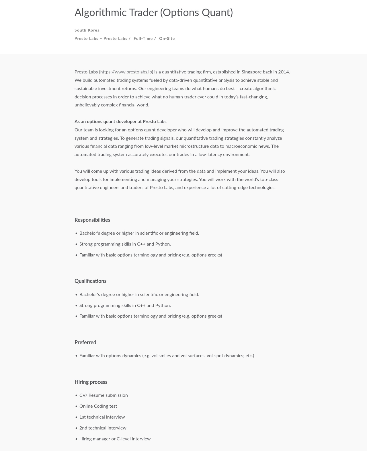 프레스토랩스 Algorithmic Trader (Options Quant) 채용공고
