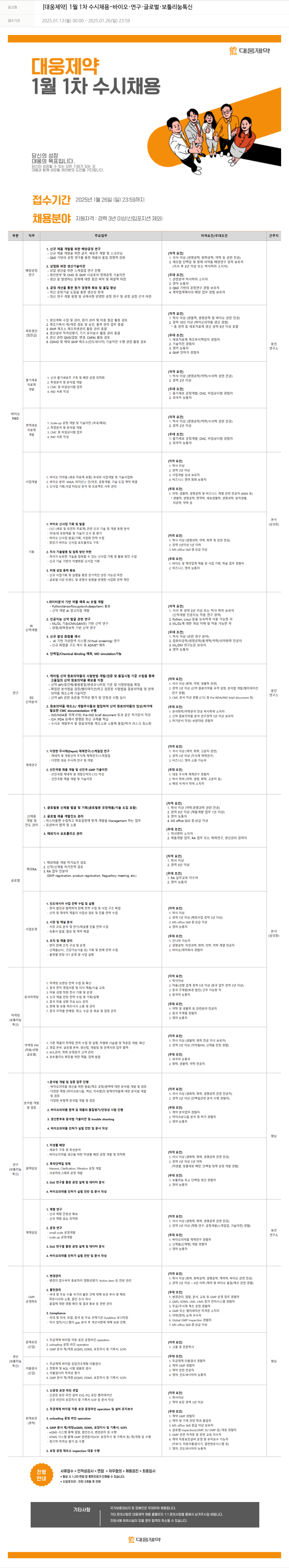 대웅제약 [대웅제약] 1월 1차 수시 채용 - 바이오·연구·글로벌·보툴리눔 톡신 채용공고