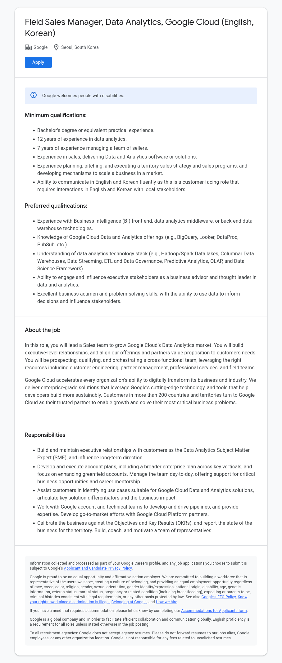 구글(Google) Field Sales Manager, Data Analytics, Google Cloud (English, Korean) 채용공고