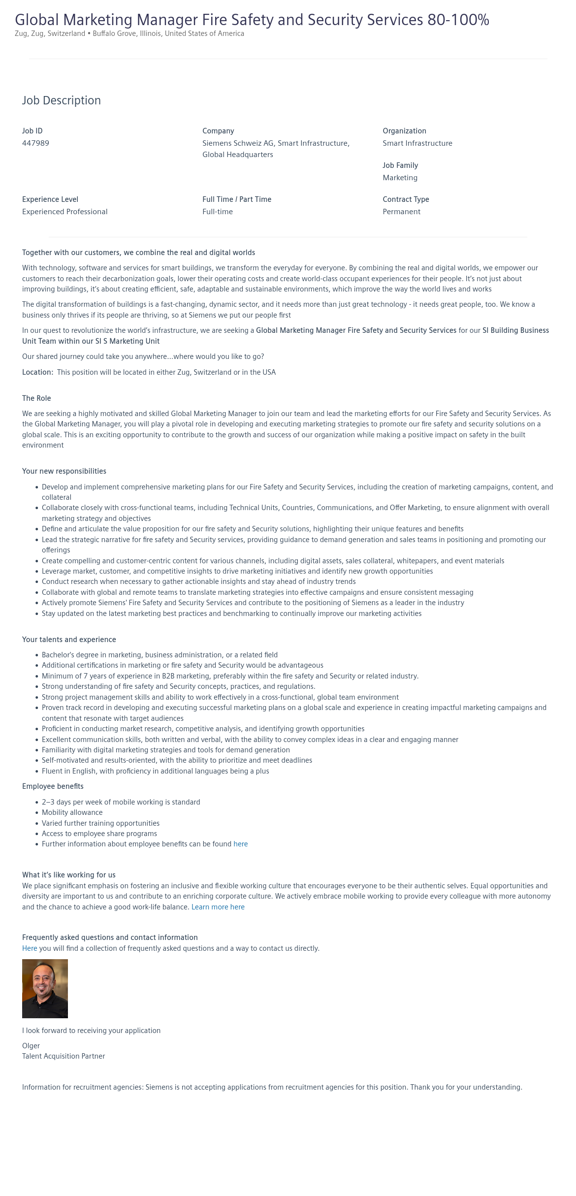 지멘스 Global Marketing Manager Fire Safety and Security Services 80-100% 채용공고