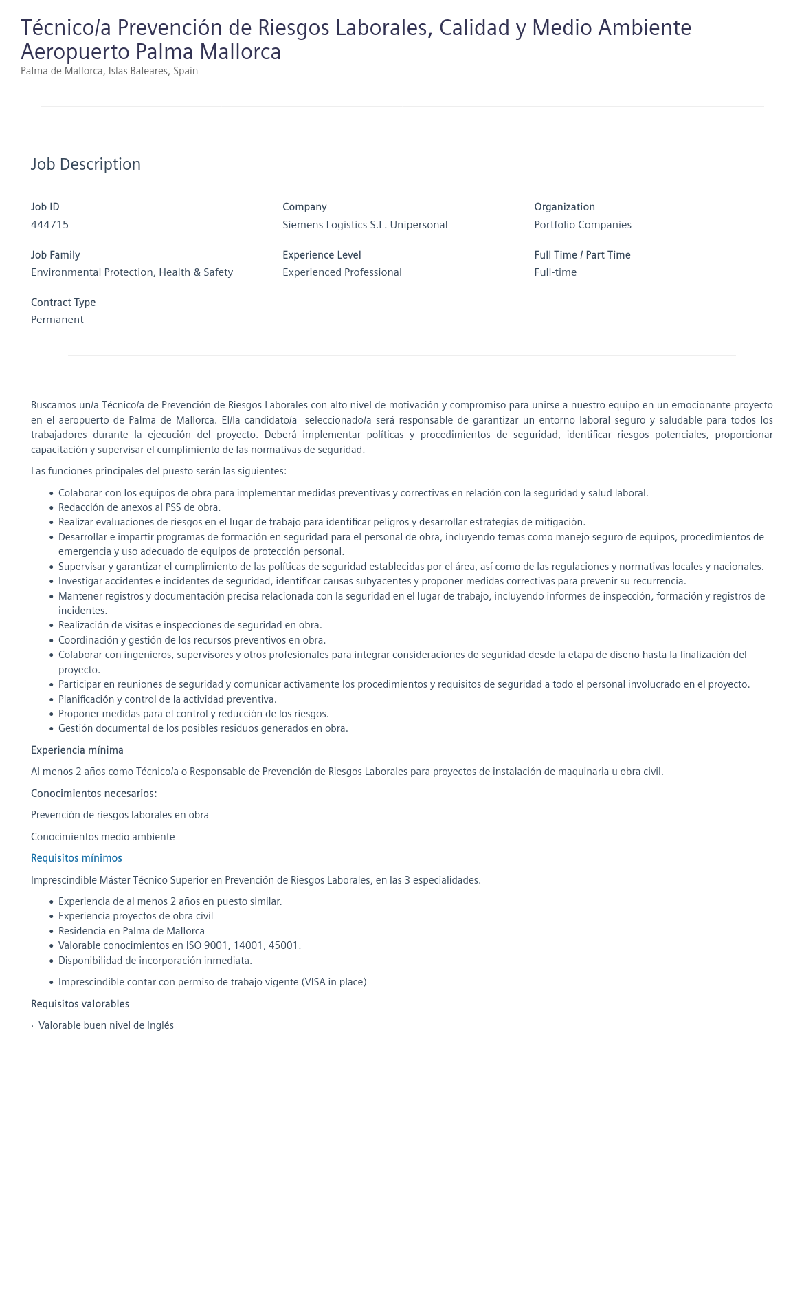 지멘스 Técnico/a Prevención de Riesgos Laborales, Calidad y Medio Ambiente 채용공고
