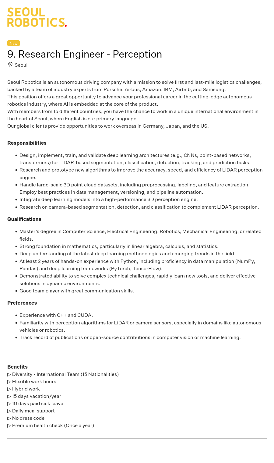서울로보틱스 Research Engineer - Perception 채용공고