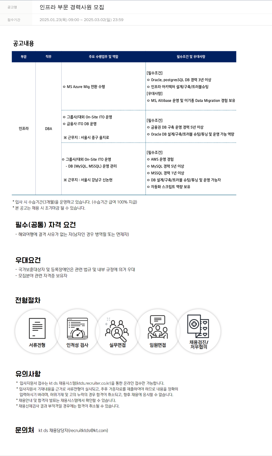 KTds 인프라 부문 경력 사원 모집 채용공고