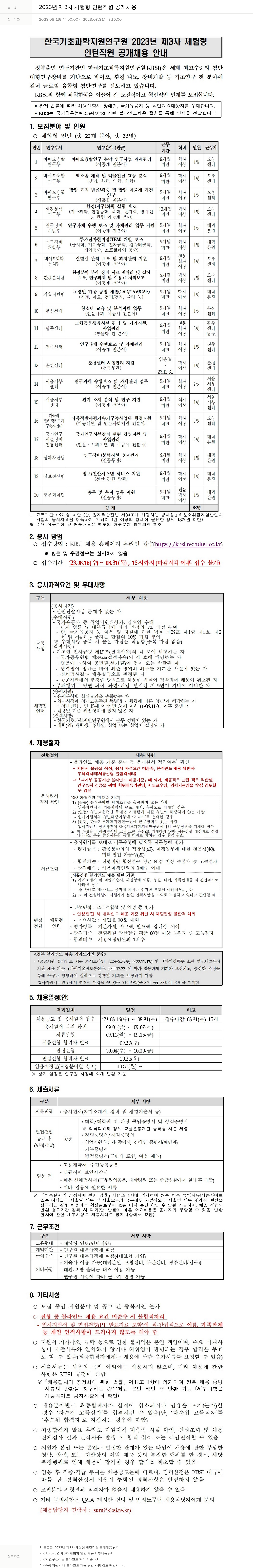 한국기초과학지원연구원 2023년 제3차 체험형 인턴 직원 공개 채용 채용공고
