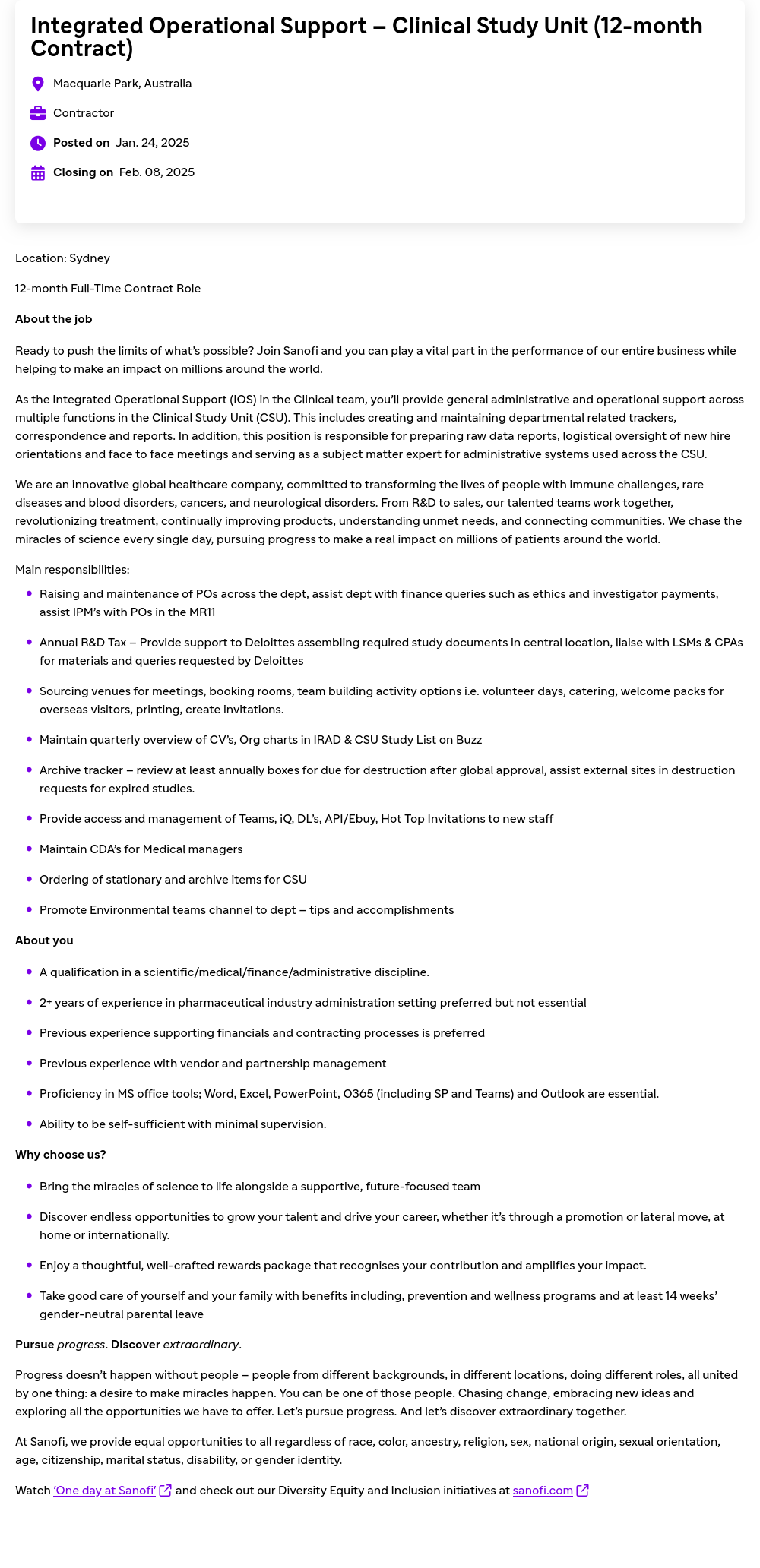 사노피 Integrated Operational Support - Clinical Study Unit (12-month Contract) 채용공고