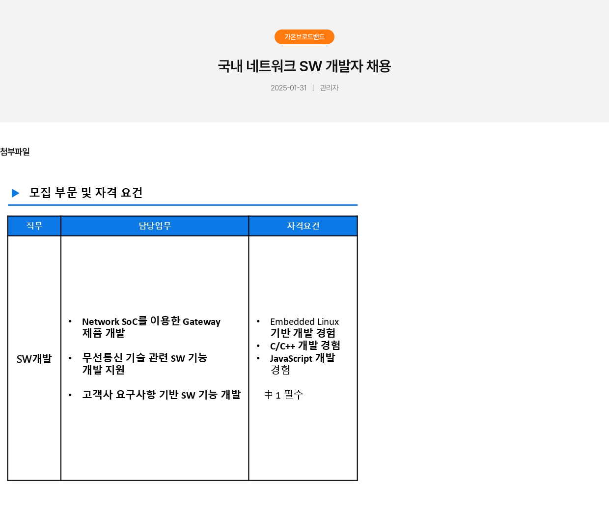 가온브로드밴드 국내 네트워크 SW 개발자 채용 채용공고
