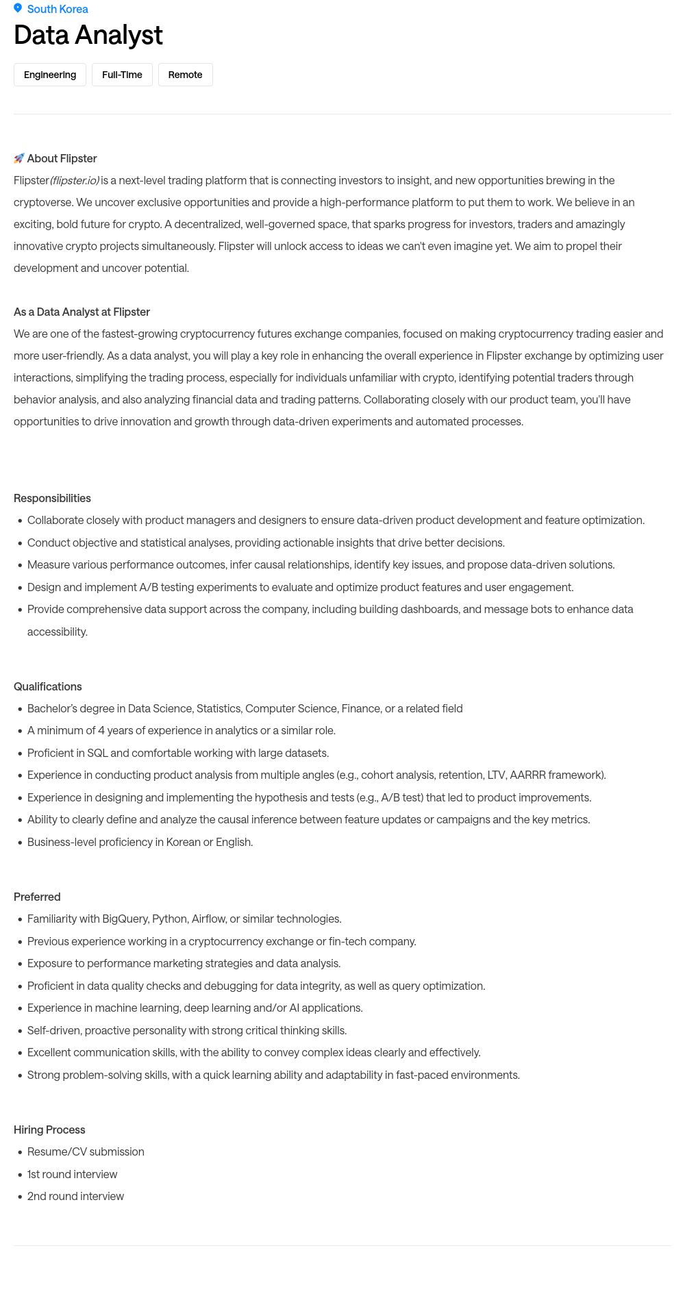 프레스토랩스 Data Analyst 채용 (Engineering) 채용공고