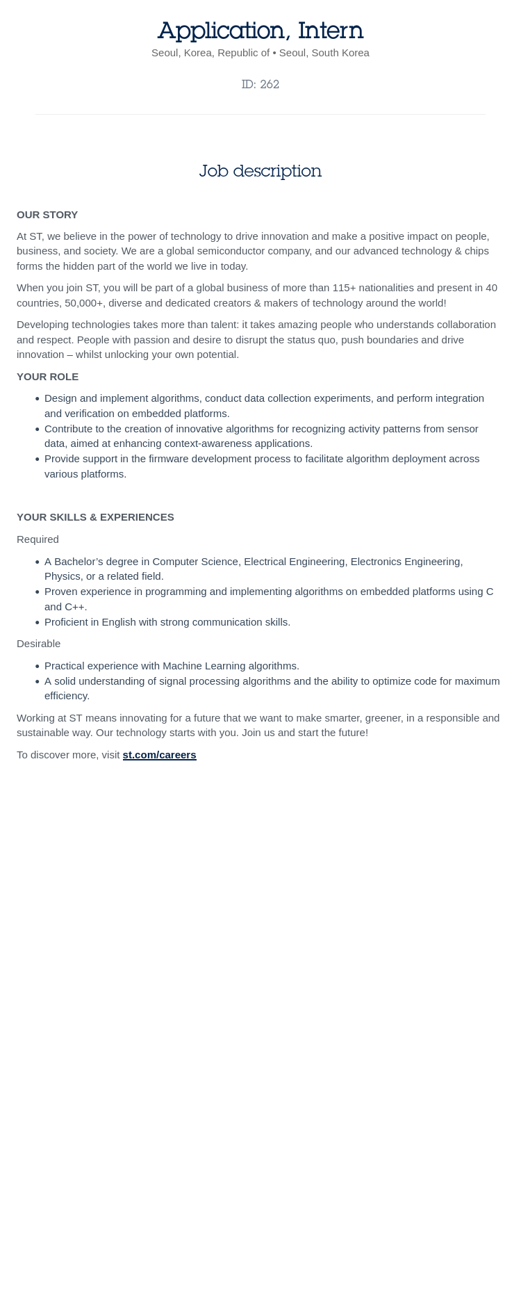 ST마이크로일렉트로닉스 Application Intern 채용공고