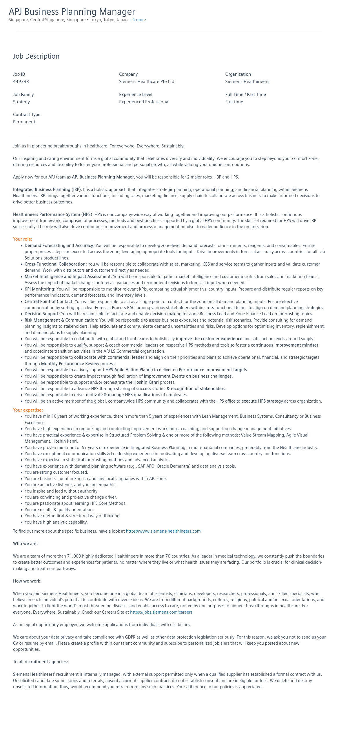 SiemensHealthineers APJ Business Planning Manager 채용공고
