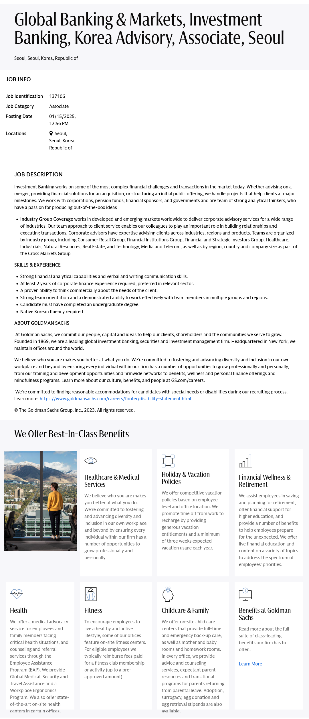 골드만삭스 Global Banking & Markets, Investment Banking Associate (Seoul) 채용공고