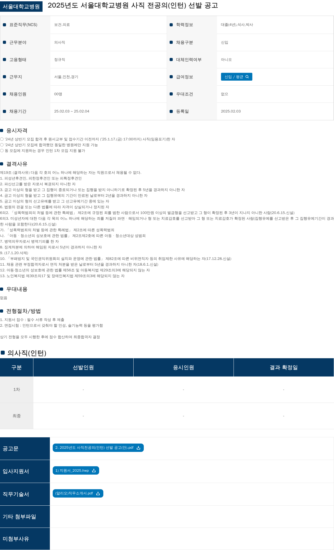 서울대학교병원 2025년도 서울대학교병원 사직 전공의(인턴) 선발 공고 채용공고