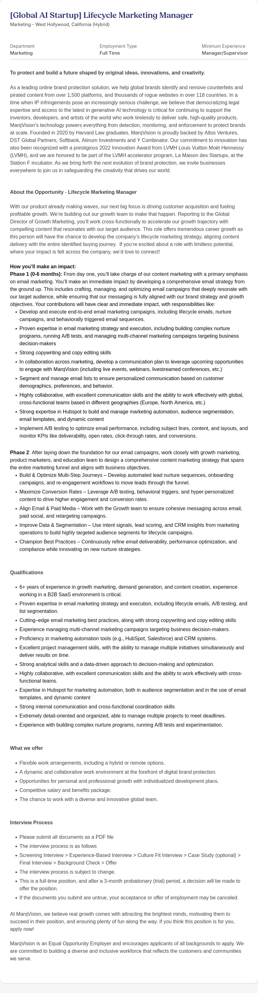 마크비전코리아 [Global AI Startup] Lifecycle Marketing Manager 채용공고