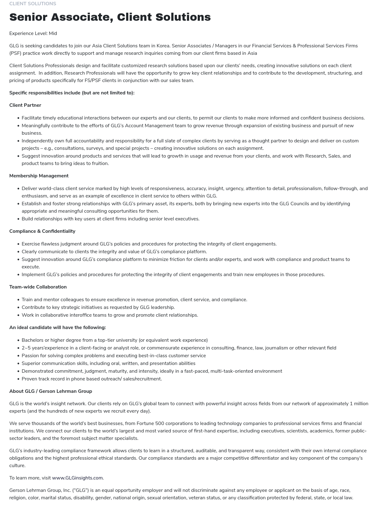 GLG Senior Associate, Client Solutions (Asia Client Solutions team in Korea) 채용공고