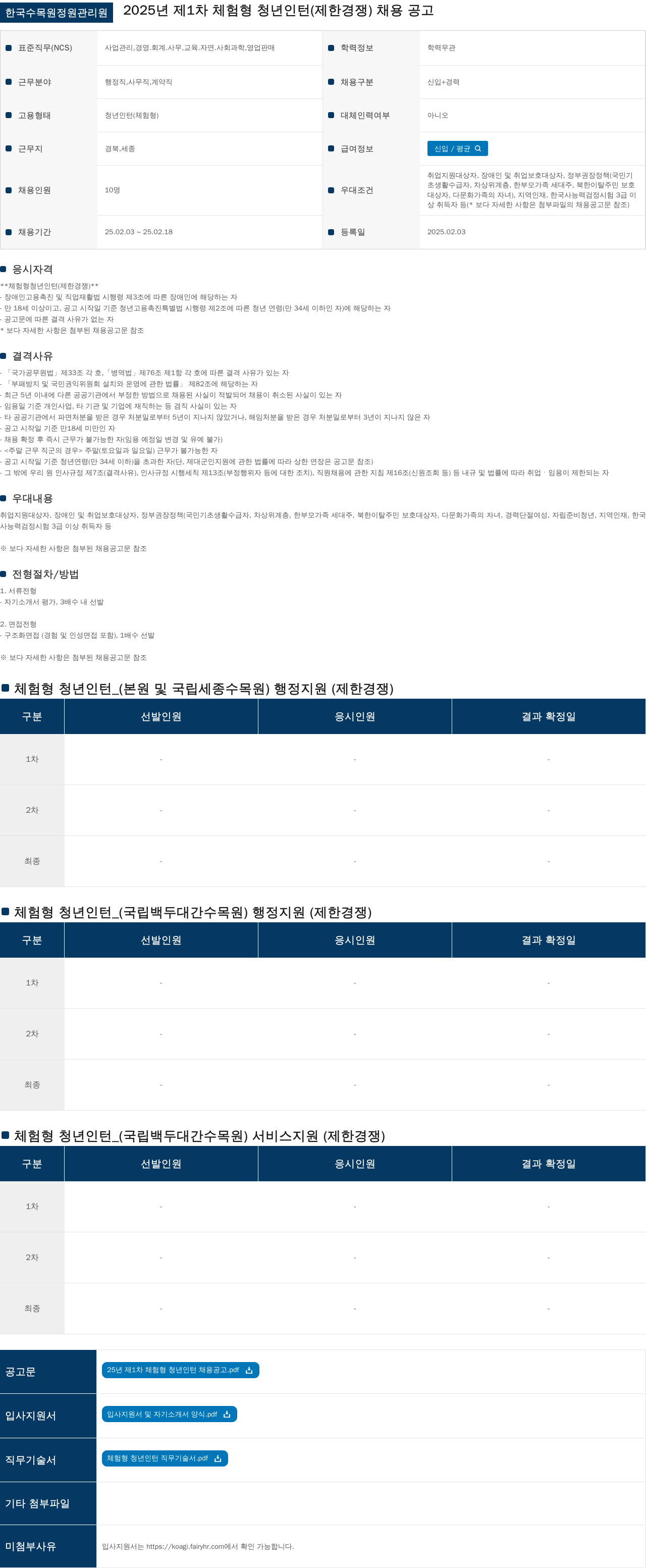 한국수목원정원관리원 2025년 제1차 체험형 청년인턴(제한경쟁) 채용 공고 채용공고