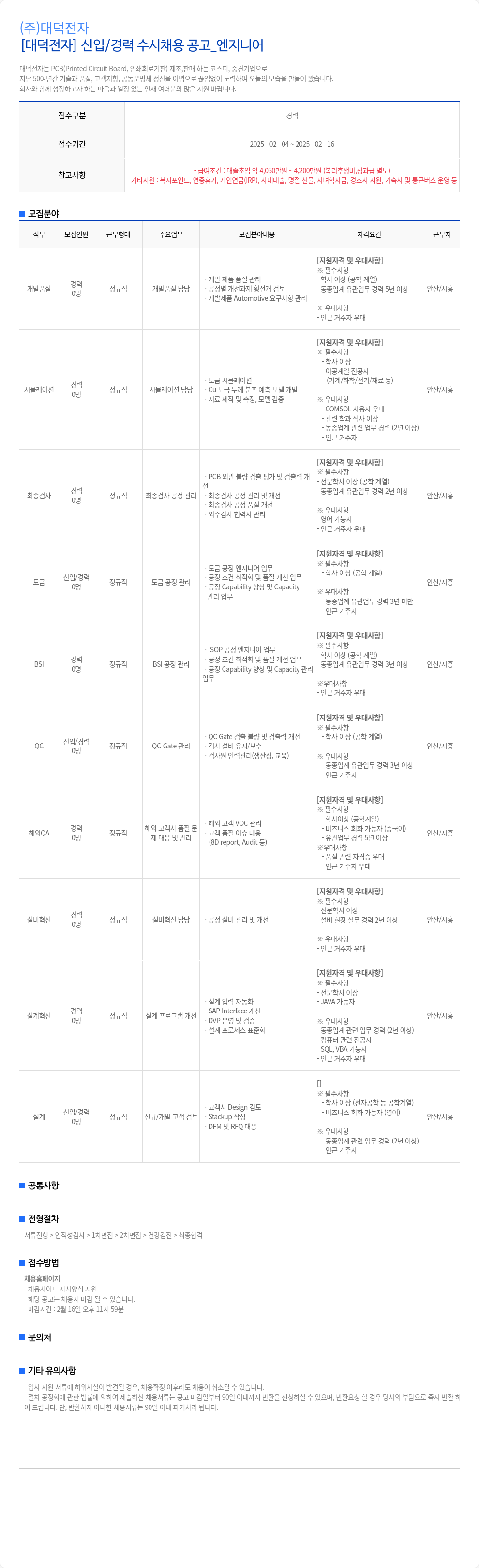 대덕전자 [대덕전자] 신입/경력 수시 채용 공고_엔지니어 채용공고