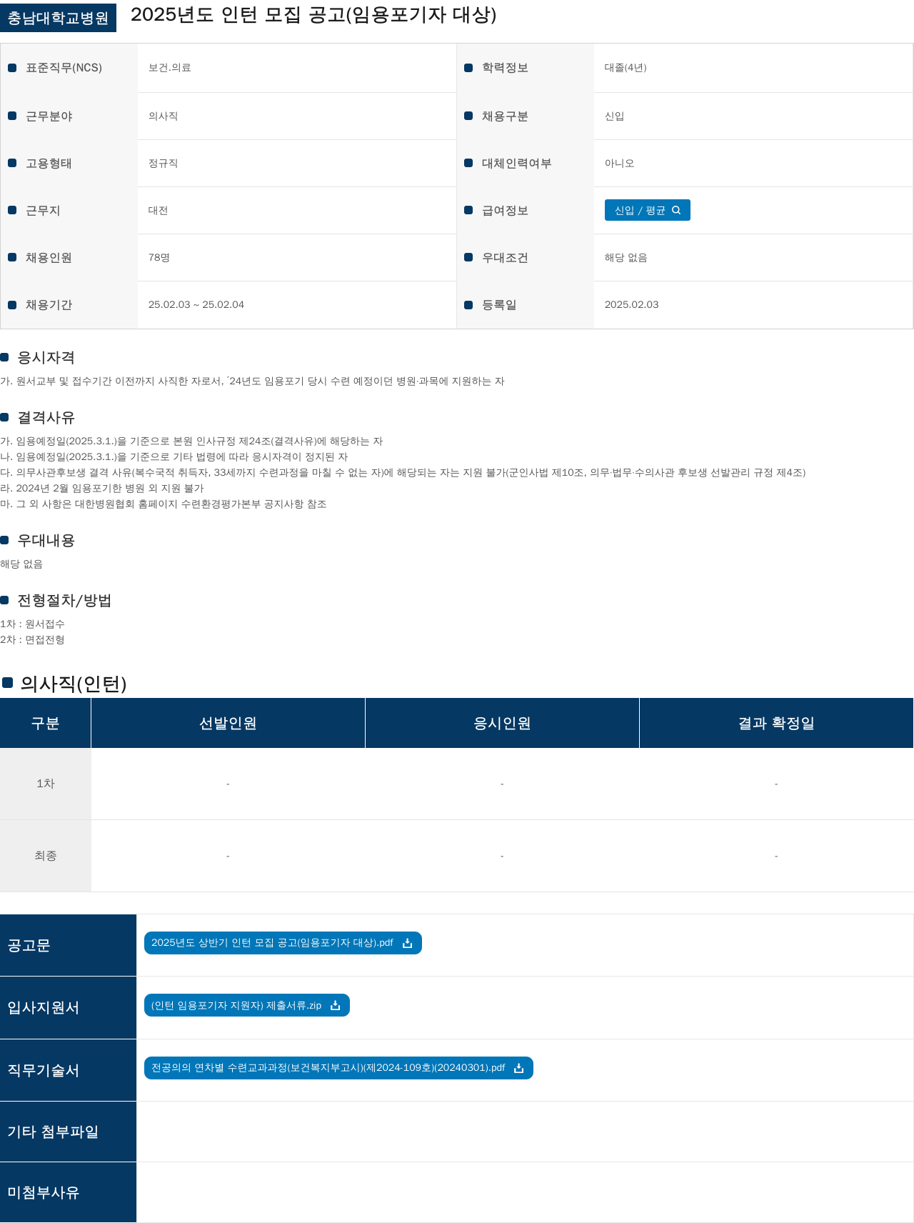 충남대학교병원 2025년도 인턴 모집 공고 (임용 포기자 대상) 채용공고
