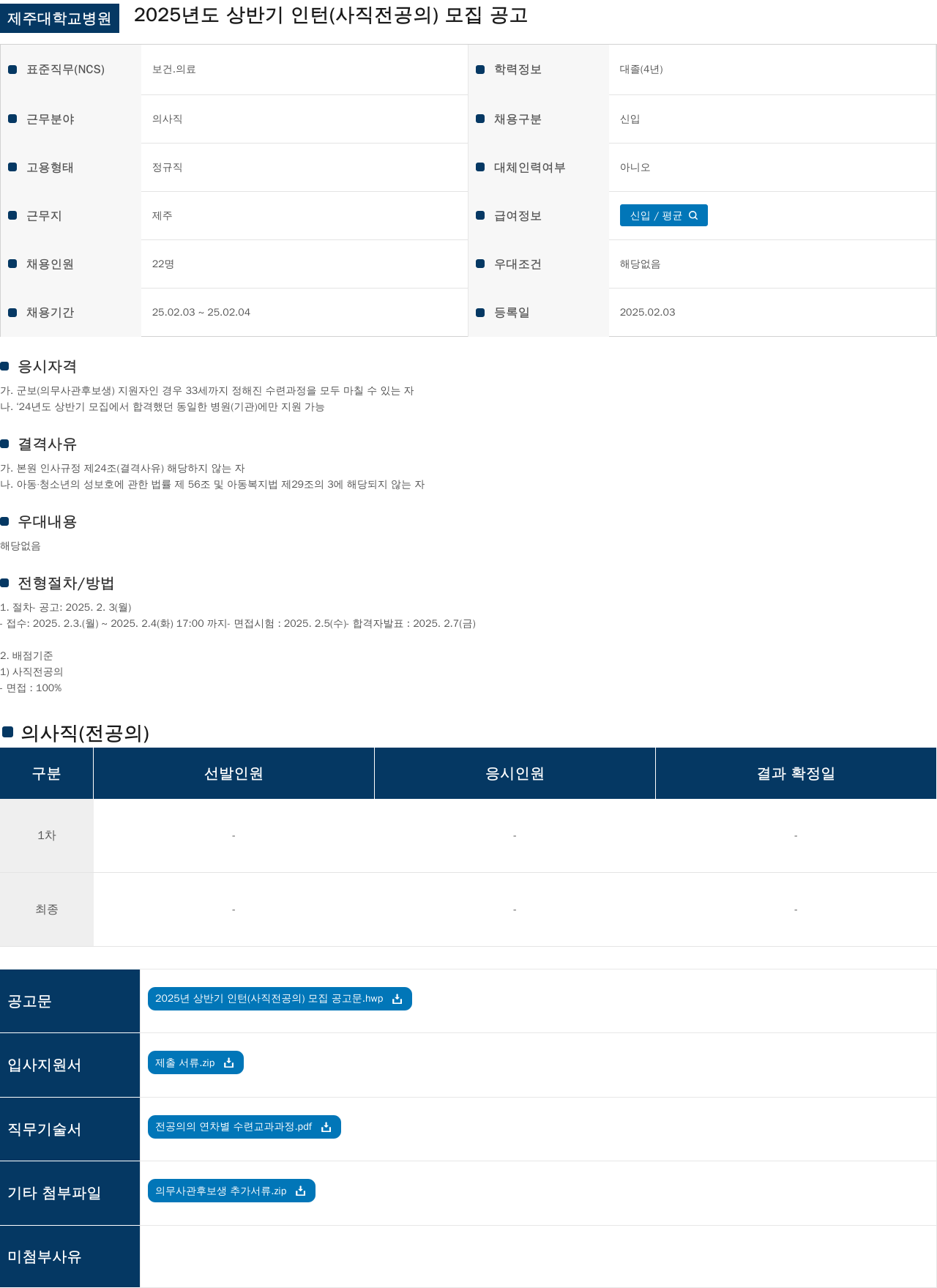 제주대학교병원 2025년도 상반기 인턴(사직 전공의) 모집 공고 채용공고