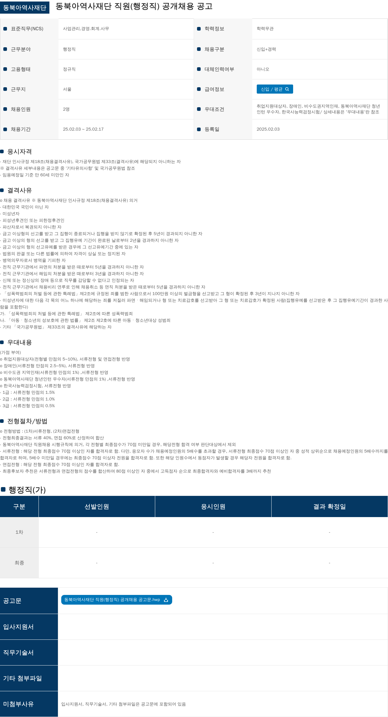 동북아역사재단 동북아역사재단 직원(행정직) 공개 채용 공고 채용공고