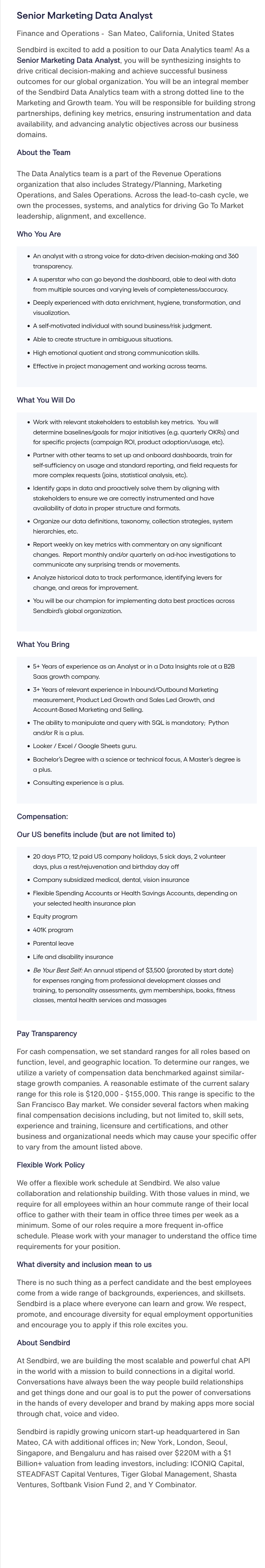 센드버드 Senior Marketing Data Analyst 채용공고