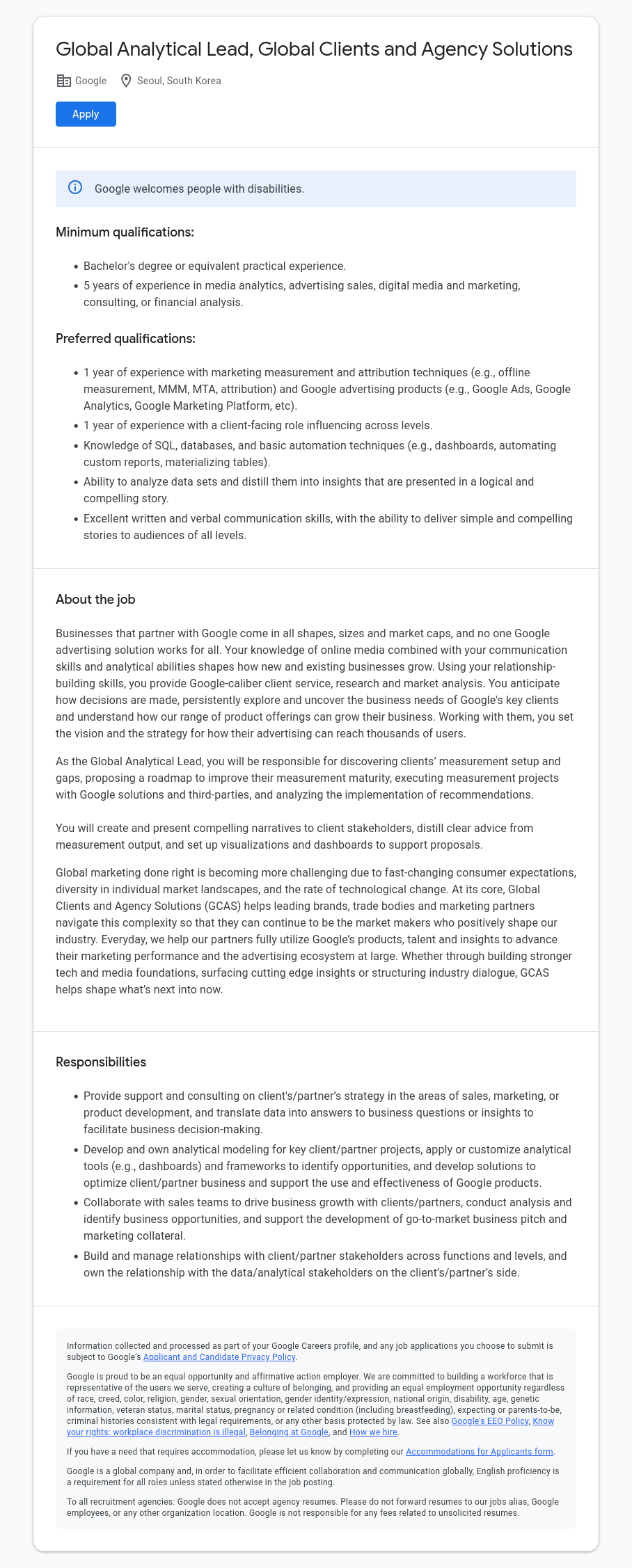 구글(Google) Global Analytical Lead, Global Clients and Agency Solutions 채용공고