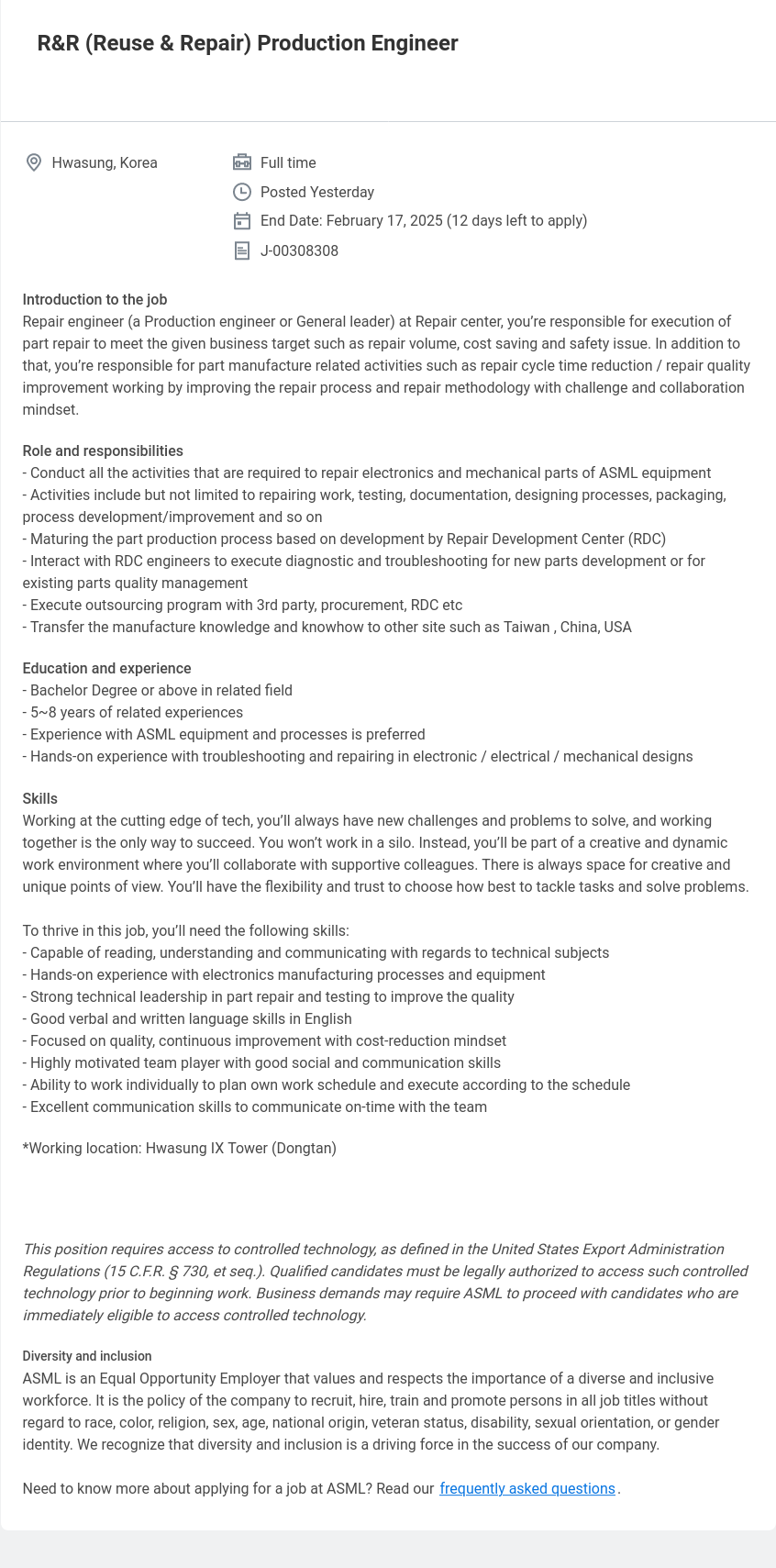 ASML R & R (Reuse & Repair) Production Engineer 채용공고