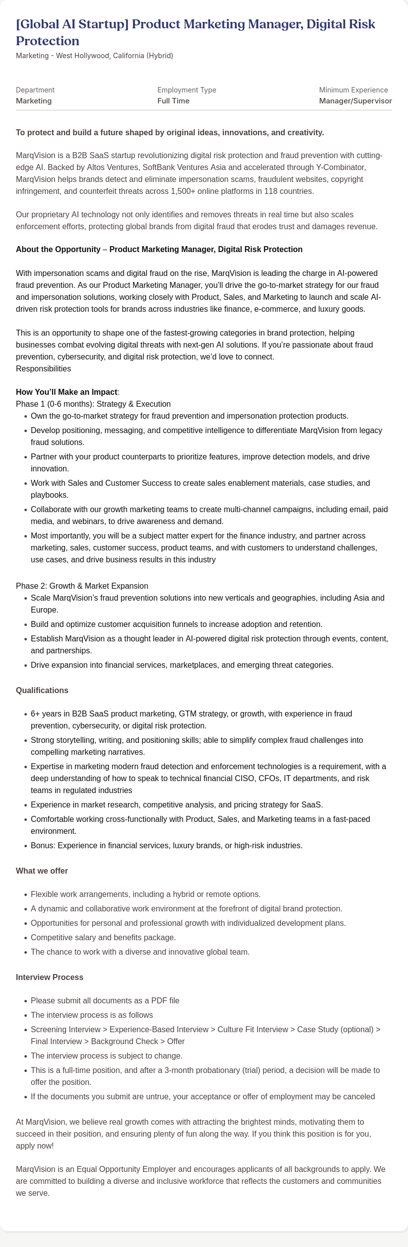 마크비전코리아 [Global AI Startup] Product Marketing Manager, Digital Risk Protection 채용공고
