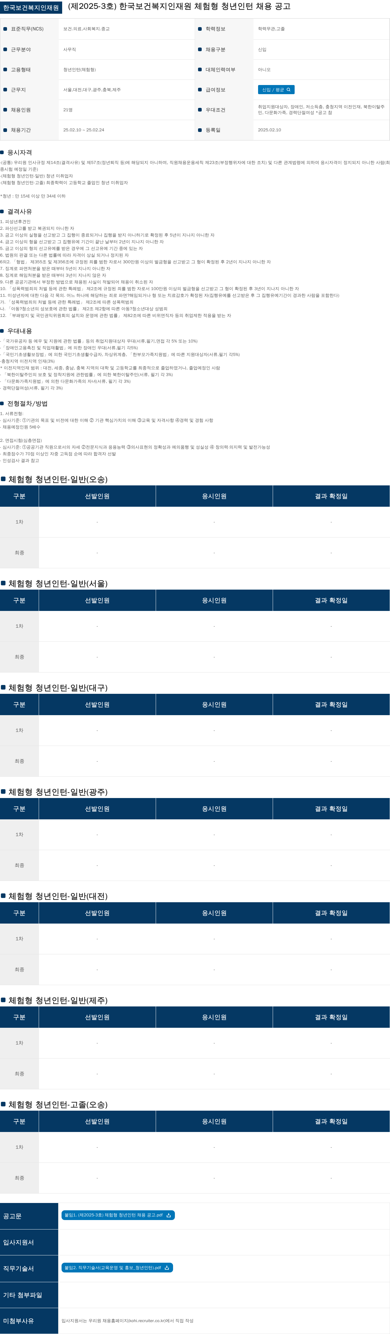 한국보건복지인재원 (제2025-3호) 한국보건복지인재원 체험형 청년 인턴 채용 공고 채용공고