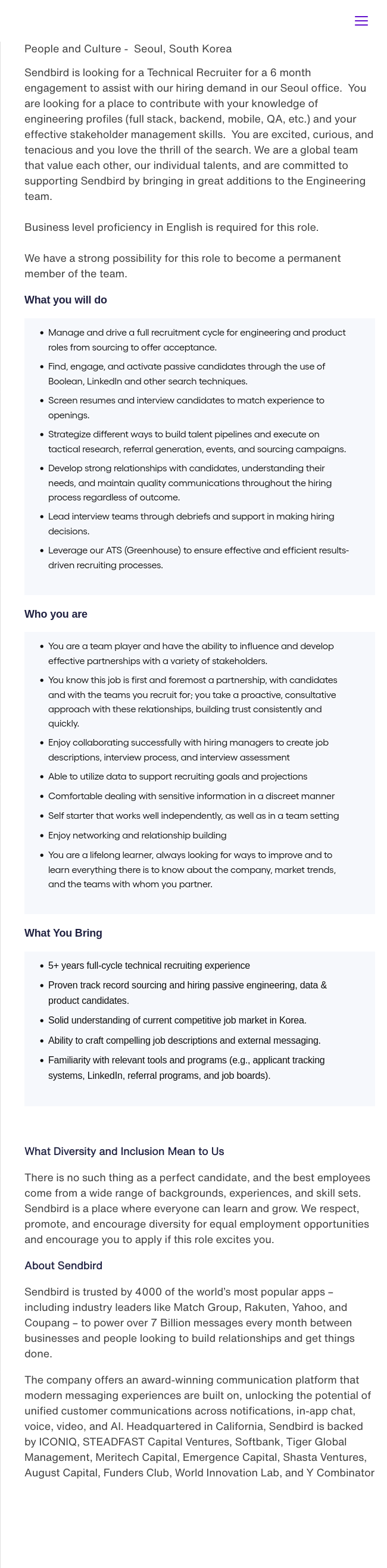 센드버드 Technical Recruiter (6 Month Engagement) - Seoul 채용공고