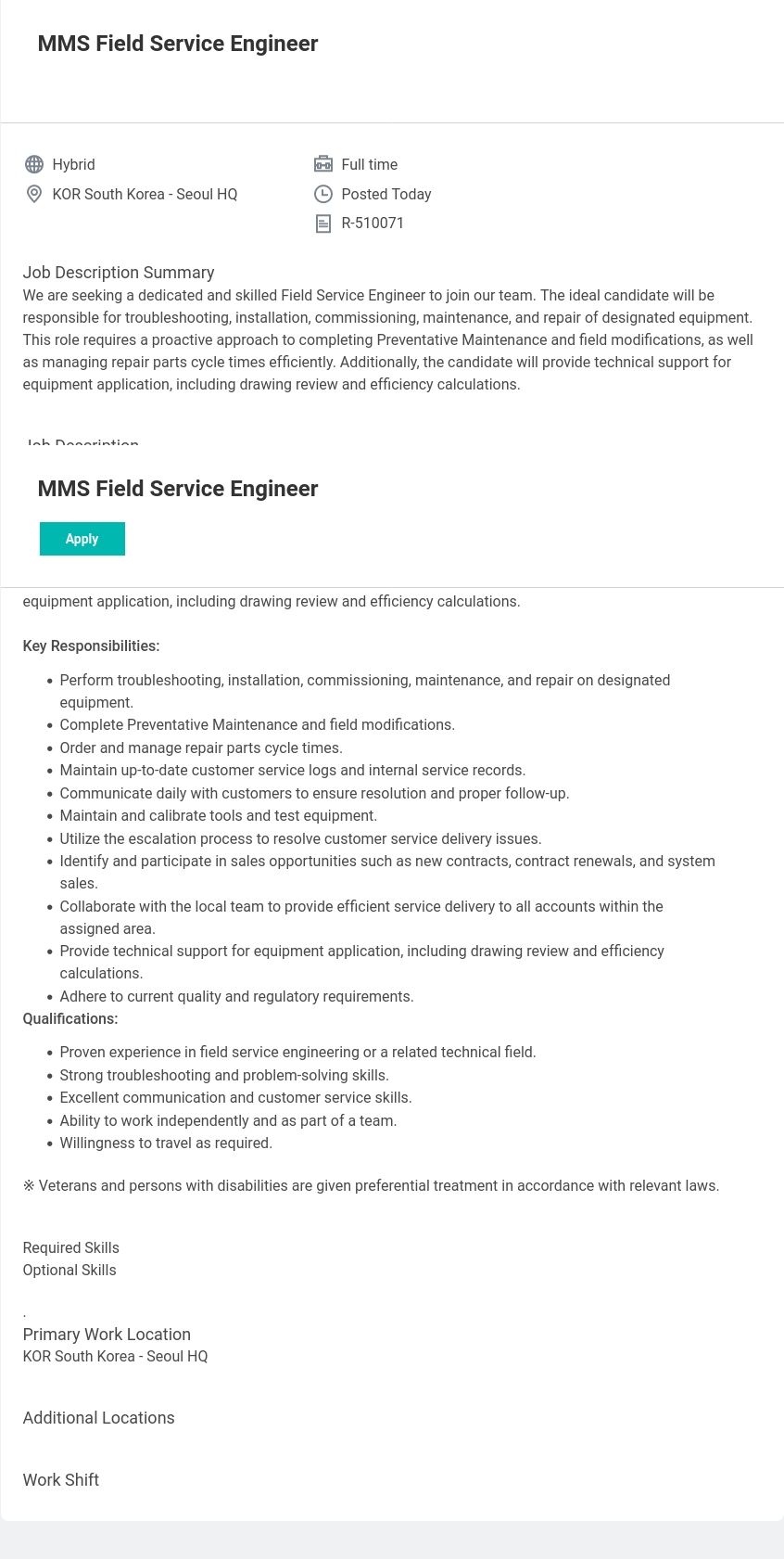 벡톤디킨슨코리아 MMS Field Service Engineer 채용공고