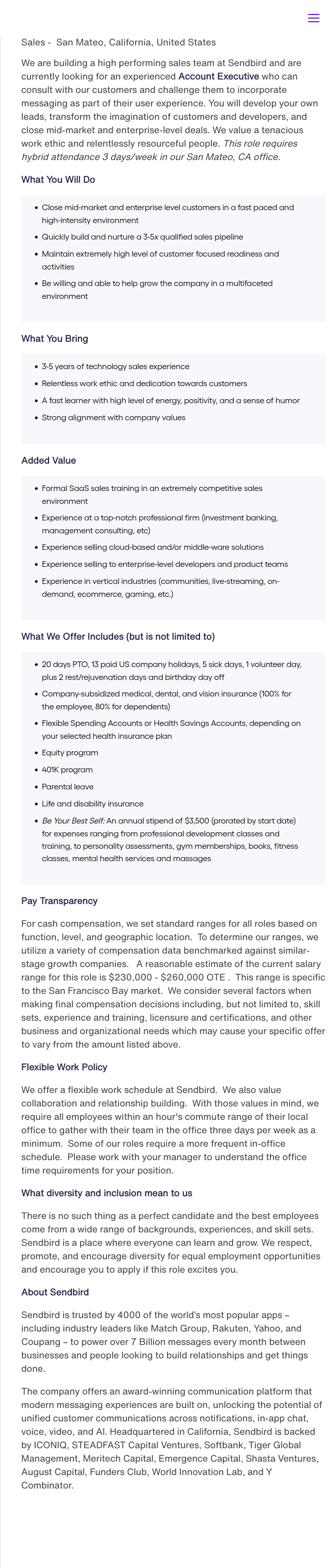 센드버드 Account Executive (Sales) - San Mateo, CA 채용공고