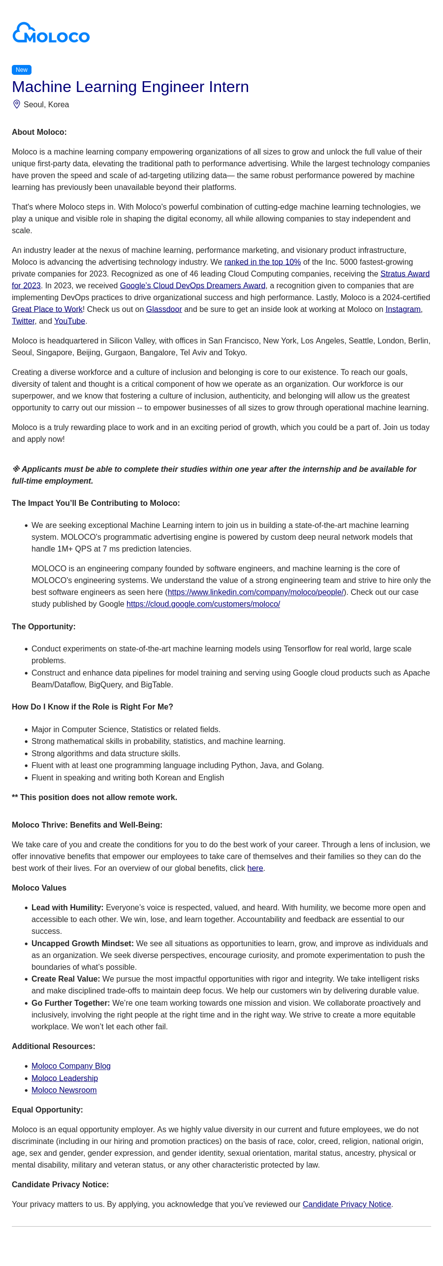 몰로코 Machine Learning Engineer Intern 채용공고