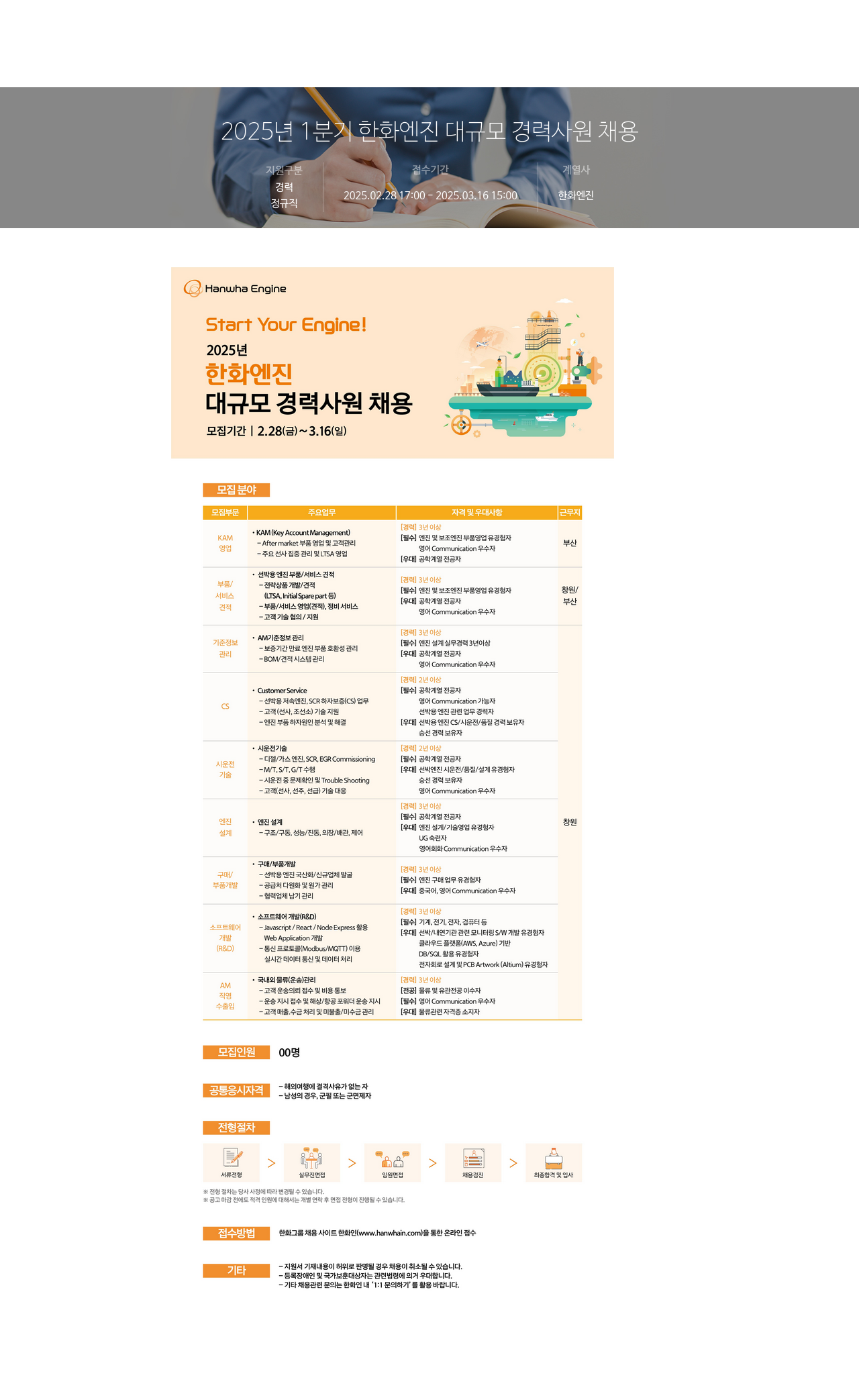 한화엔진 2025년 1분기 한화 엔진 대규모 경력 사원 채용 채용공고