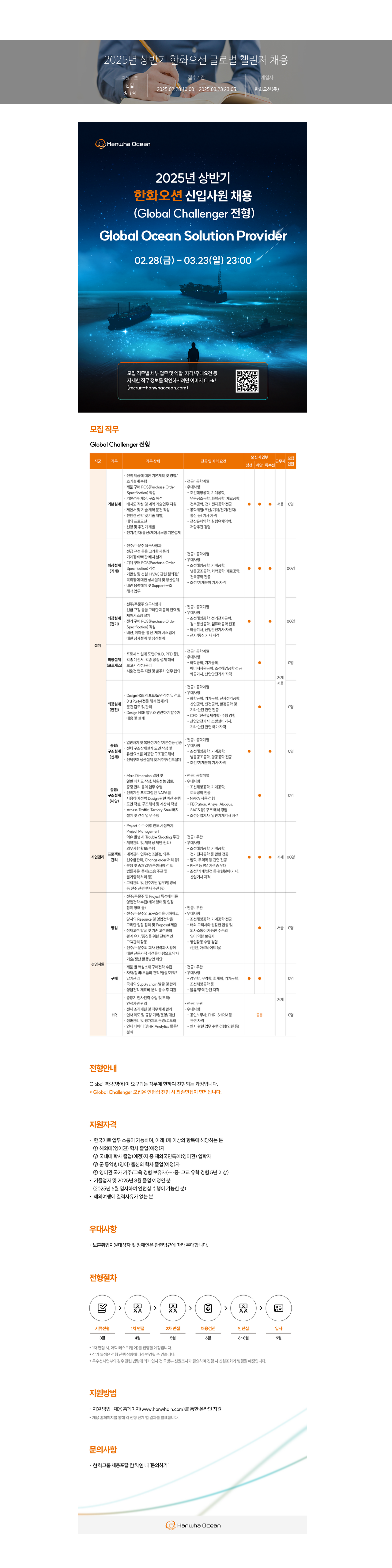 한화오션 2025년 상반기 한화 오션 글로벌 챌린저 채용 채용공고