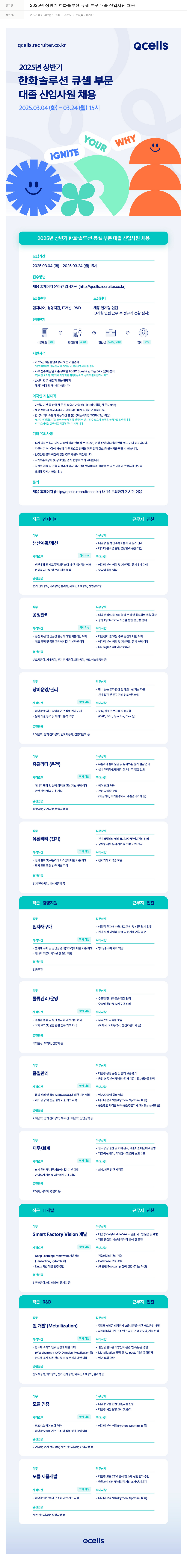 한화큐셀 2025년 상반기 한화솔루션 큐셀 부문 대졸 신입 사원 채용 채용공고