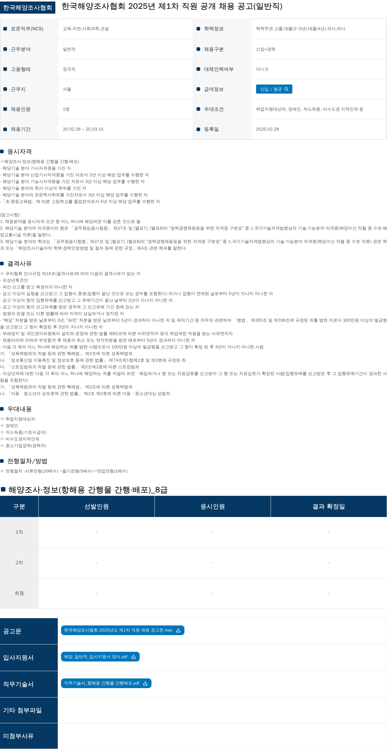 한국해양조사협회 2025년 제1차 직원 공개 채용 공고 (일반직) 채용공고