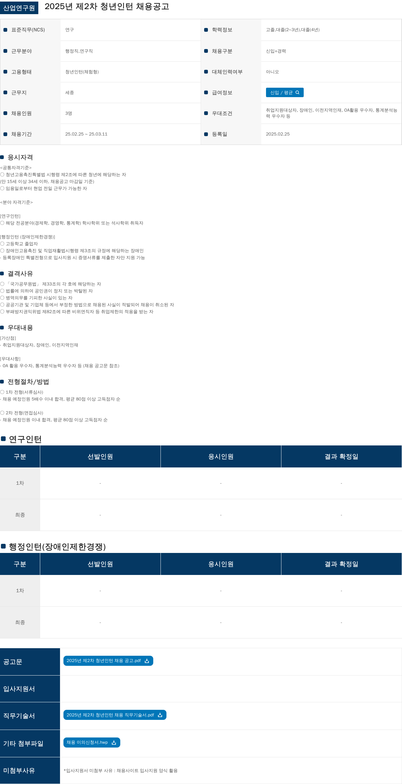 산업연구원 2025년 제2차 청년 인턴 채용 공고 채용공고