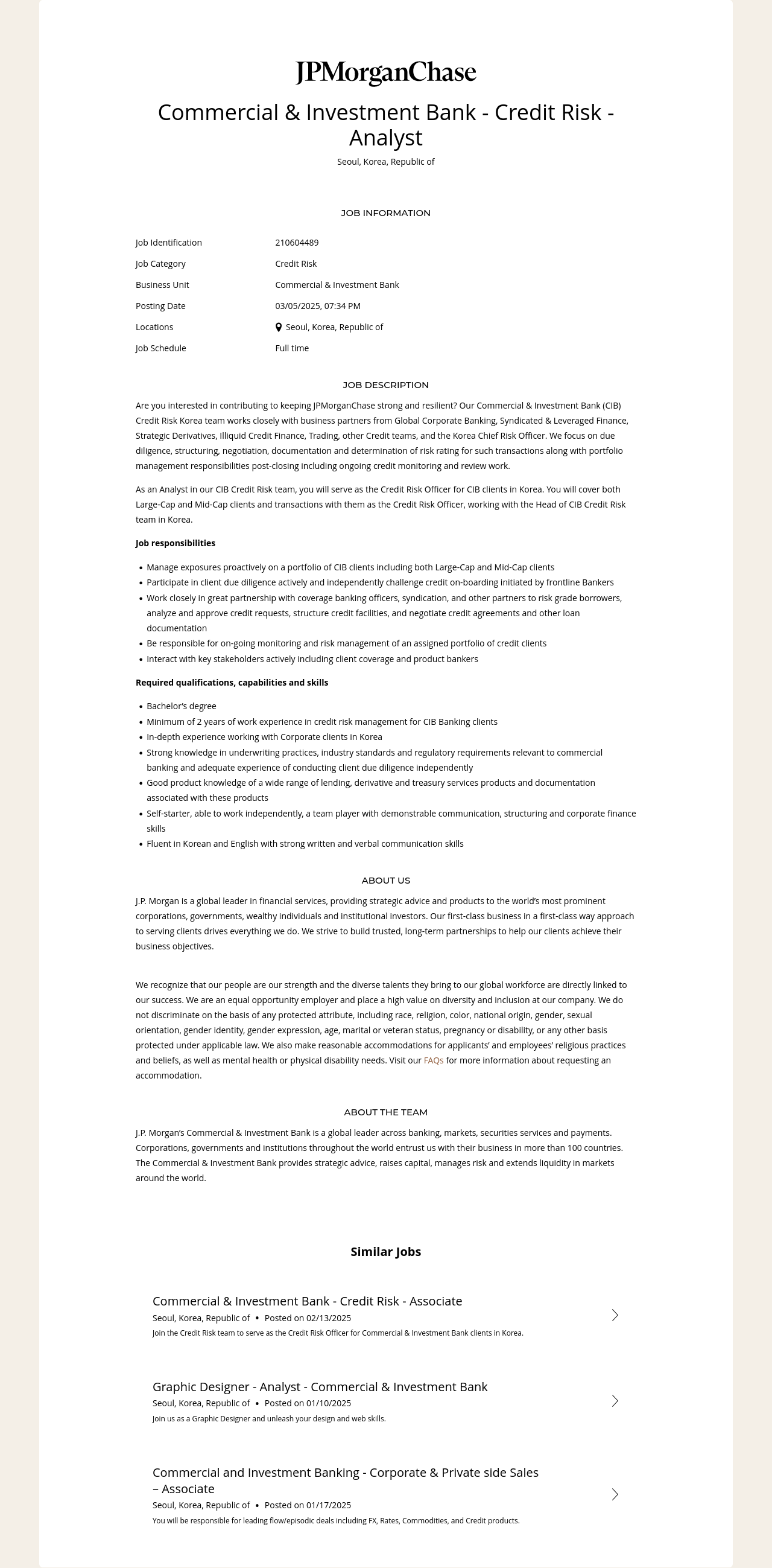 JPMorganChase Commercial & Investment Bank - Credit Risk - Analyst 채용공고