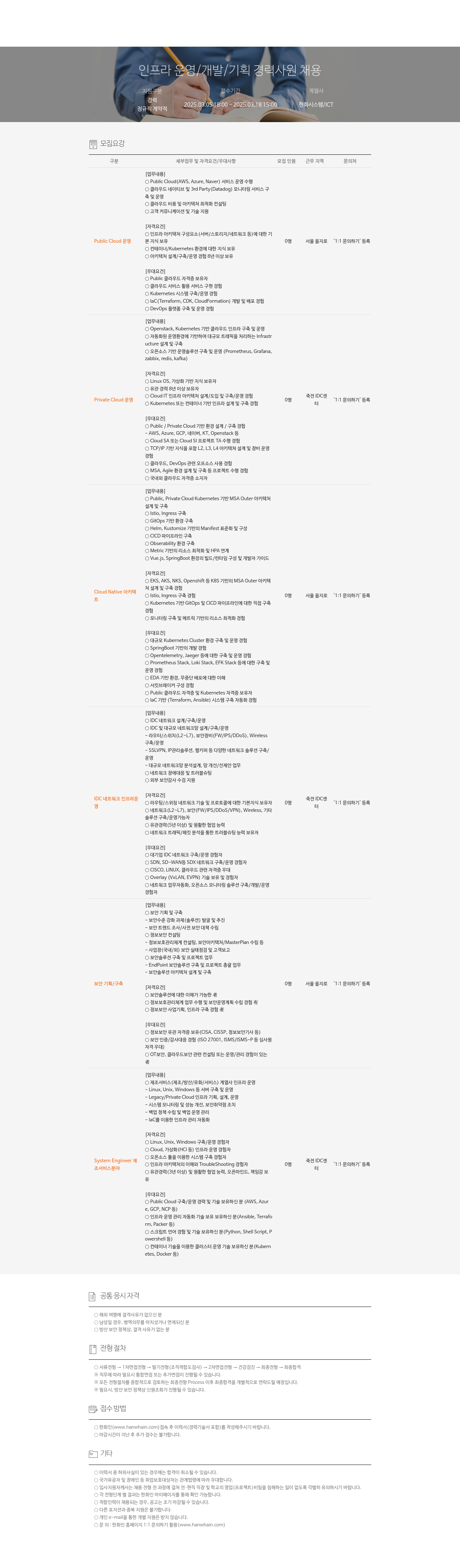 한화시스템 인프라 운영 / 개발 / 기획 경력 사원 채용 채용공고