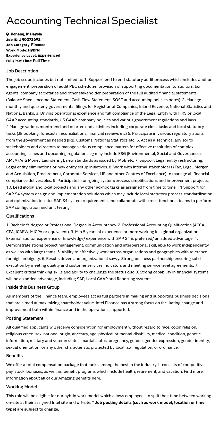 인텔 Accounting Technical Specialist 채용공고