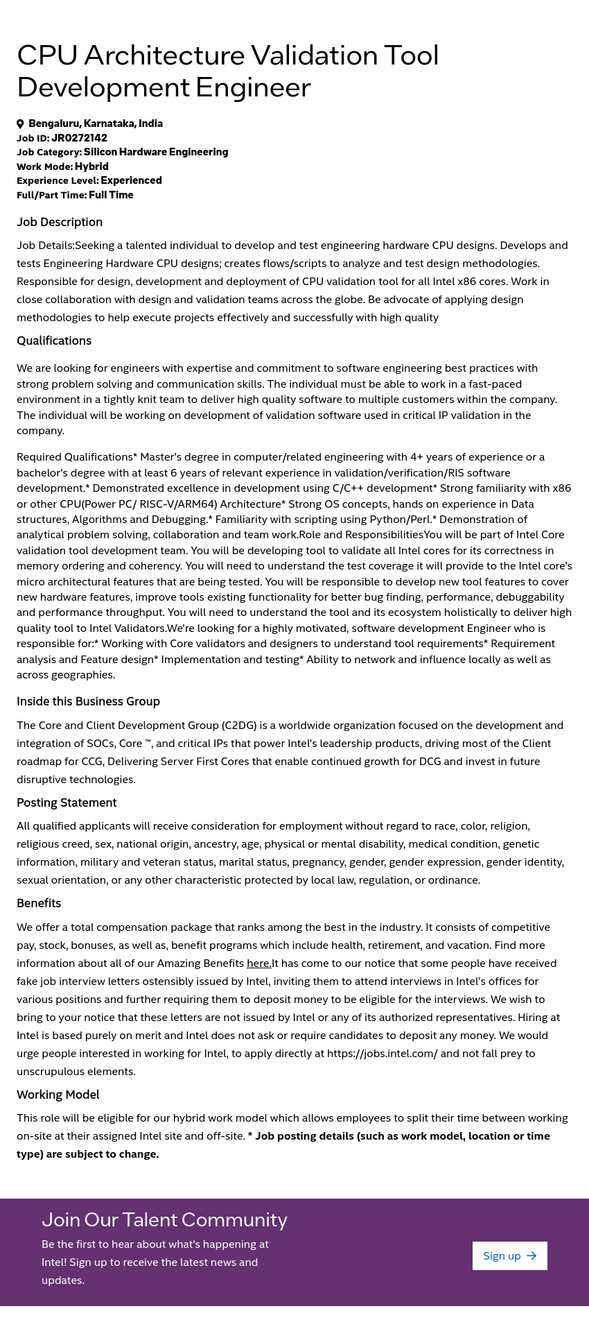 인텔 CPU Architecture Validation Tool Development Engineer 채용공고