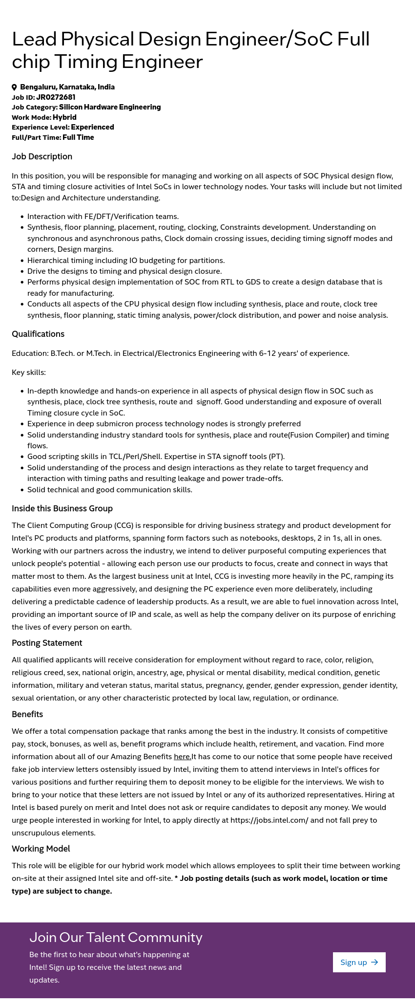 인텔 Lead Physical Design Engineer / SoC Full Chip Timing Engineer 채용공고