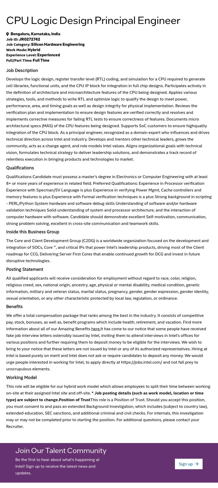 인텔 CPU Logic Design Principal Engineer 채용공고